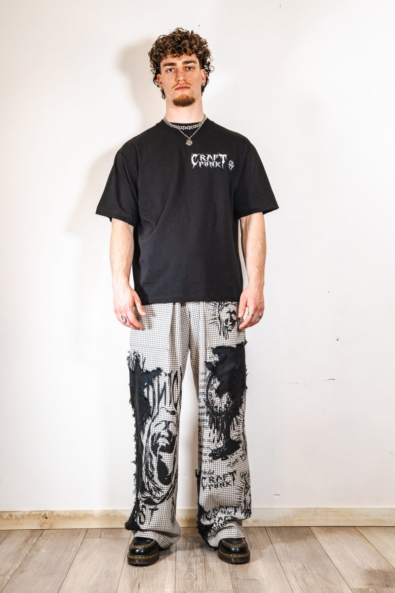 Pantalon HIGHSCRATCH en laine vierge sérigraphié, vêtement upcyclé ecce OPNI