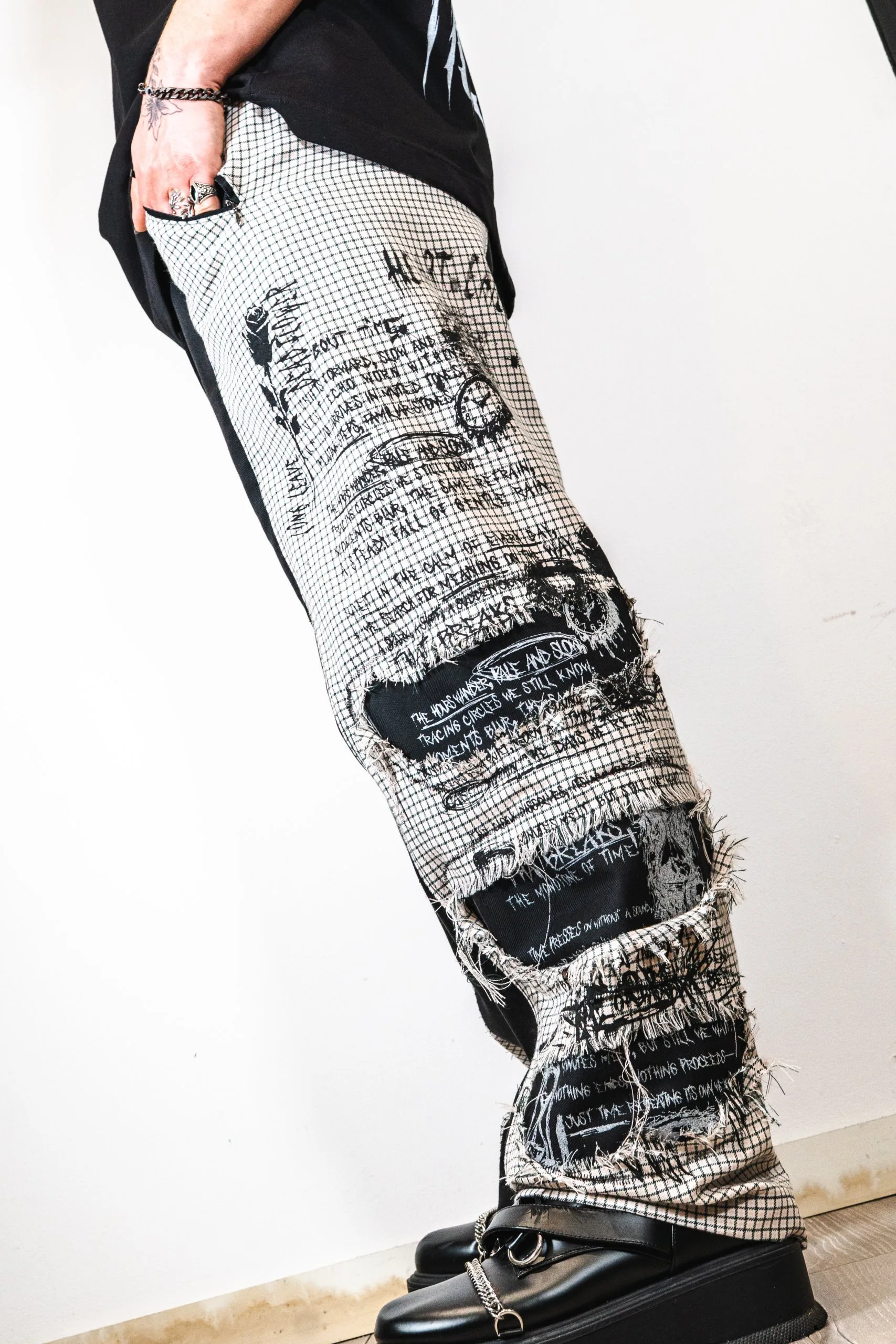 LAYERS PANTS, 100 % laine vierge CARREAUX + 100 % coton pour le tissu UNI NOIR, ecce OPNI